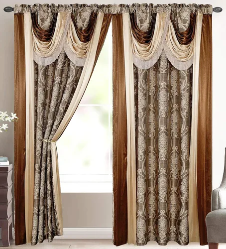 Vista 9 de V Bella - Panel de cortina jacquard de lujo con cenefa de cascada adjunta y bufanda, 54 x 84 pulgadas, color beige