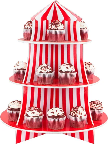 Vista 2 de Exhibidor de poliestireno de 3 niveles para bocadillos, diseño de carpa de circo, ideal para postres, cumpleaños y demás decoraciones