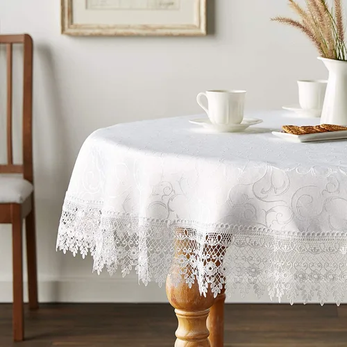 Vista 9 de Violet Linen Manteles jacquard de damasco de poliéster con patrón de encaje vintage, 70 pulgadas, redondo, beige