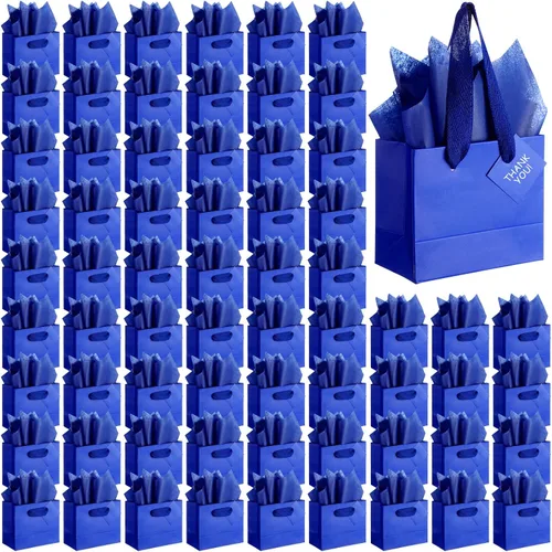 Vista 9 de Qilery 50 bolsas de regalo de papel de boda a granel con papel de seda, pequeñas bolsas de regalo con asa y etiquetas para cumpleaños, bodas