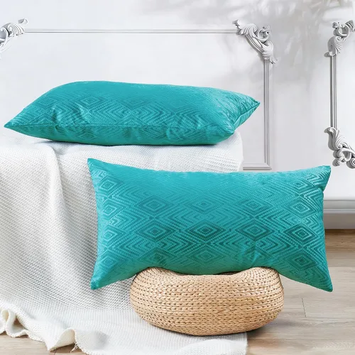Vista 9 de Juego de 4 fundas de almohada cuadradas decorativas de terciopelo con diamantes de 20 x 20 pulgadas, fundas de almohada geométricas suaves para Aqua