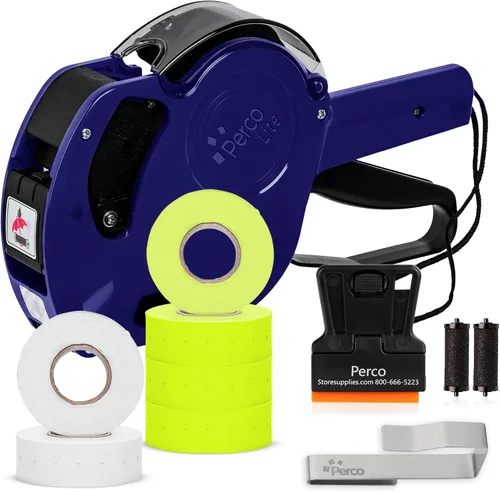 Vista 9 de Perco Lite - Pistola de precio de 1 línea con etiquetas, el kit incluye 3 rollos blancos, 3 rollos azules, 2 rodillos de tinta, 1 rollo de tinta