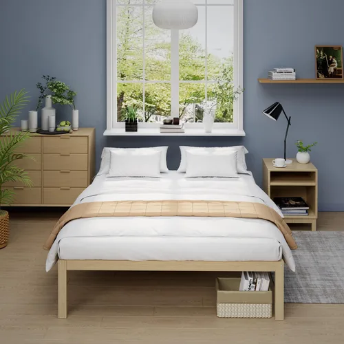 Vista 3 de Marco de cama de bambú tamaño completo con plataforma de madera sólida estable con listones antideslizantes, soporte para cama alta, no necesita