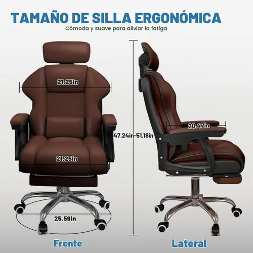 Vista 2 de Silla ejecutiva para computadora, silla de escritorio para oficina en casa, ángulo ajustable, ergonómica, de altura ajustable, sillas de piel Marrón