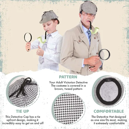 Vista 3 de Funny Party Hats Sherlock Holmes - Kit de detective, sombrero blanco y negro, tubo de disfraz y lupa de trabajo, perfecto para fiestas de disfraces
