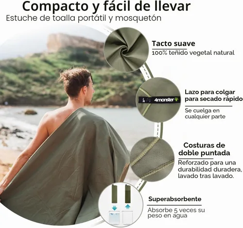 Vista 3 de 4Monster Toalla de viaje de secado rápido con estuche y mosquetón, toalla de microfibra súper absorbente para gimnasio y campamento. Compacta