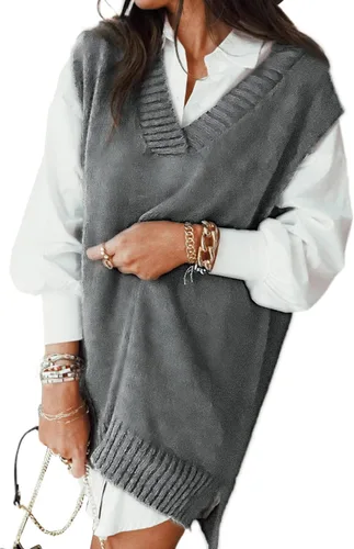 Vista 17 de EVALESS Chaleco Suéter de Gran Tamaño para Mujeres Cuello en V Sin Mangas Color Sólido Suéter Pullover Suelto 1 caqui.