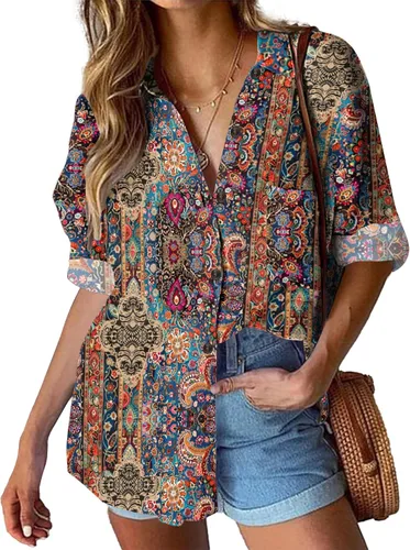 Vista 9 de HOTOUCH Camisa de manga larga con botones de lino para mujer, blusa de algodón casual, holgada, con cuello, para trabajo, de gasa, con bolsillo