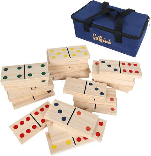 Vista 8 de GOTHINK Juego de dominó de madera gigante para adultos y niños, 28 piezas de azulejos de dominó de madera natural jumbo con puntos negros