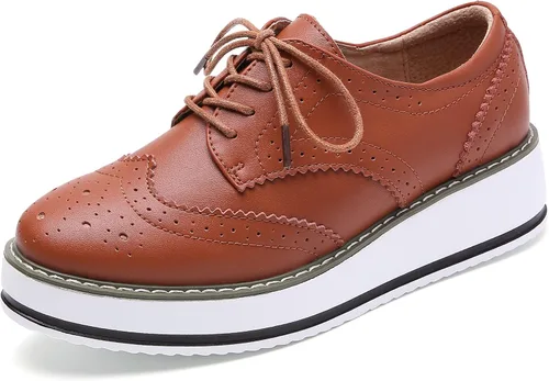 Vista 11 de DADAWEN - Zapatos con cintas tipo Oxford, con plataforma, para mujer, punta cuadrada Albaricoque
