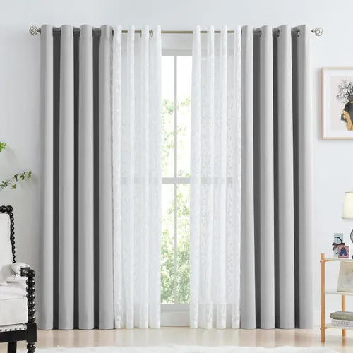 Vista 15 de Jubilantex Cortinas opacas completas + paneles de ventana transparentes con hojas, juego de tratamiento de ventana de doble capa estilo mezcla