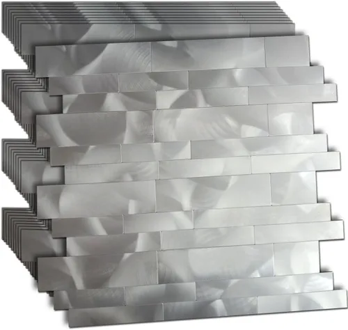 Vista 9 de XUANINY 10 hojas de azulejos metálicos despegar y pegar para protector contra salpicaduras, autoadhesivos de aluminio 3D, adhesivos de pared