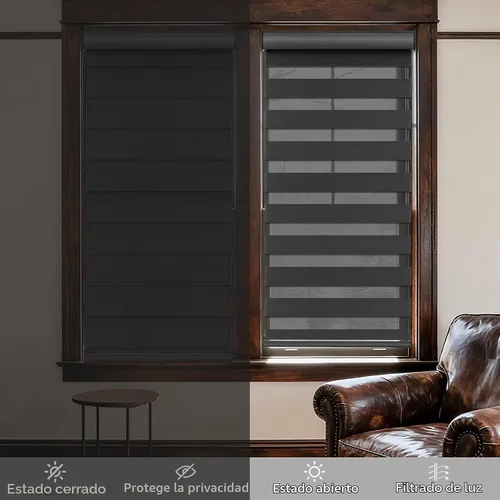 Vista 5 de MYshade Persianas sin cordones de cebra con función de parada libre, doble capa de filtrado de luz y privacidad para día y noche, persianas de Negro
