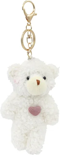 Vista 7 de Llavero de peluche de oso de juguete para niños con corazón morado de 5 pulgadas de peluche, mochila con colgante de regalo para niñas (A-marrón)