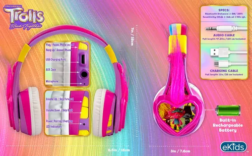 Vista 4 de eKids Trolls Band Together - Auriculares Bluetooth para niños, auriculares inalámbricos con micrófono, incluye cable auxiliar, reducción de volumen