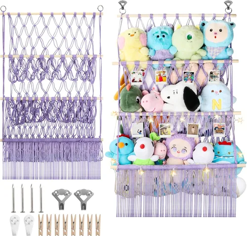 Vista 27 de Red de almacenamiento de animales de peluche de 2 niveles, 17 x 32 pulgadas, organizador grande de animales de peluche para pequeños rellenos