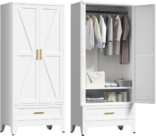 Vista 16 de Washsemba - Armario de guardarropas de metal de casa rural de 71'' con barra para colgar, 2 armarios de puerta de granero con estantes ajustables, 2