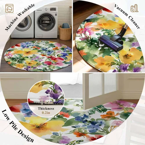 Vista 6 de Round Rugs 3 Feet, Green Yellow Floral Non Slip Area Rugs for Living Room, Bedroom, Barhroom, Entryway, Purple Blue Watercolor Retro Leaf Soft