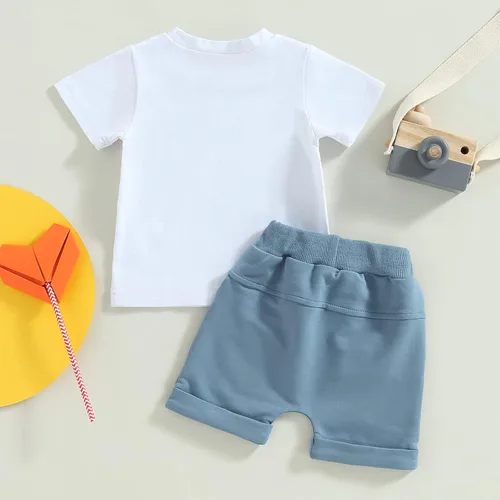 Vista 60 de Conjunto de traje de verano para bebé niño pequeño, manga corta, cuello redondo, letras impresas, lindo traje de verano, conjunto de 2 piezas