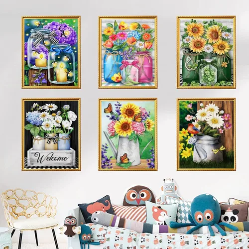 Vista 4 de AiYuanzsh Paquete de 6 pinturas de diamantes, kits de pintura de diamantes de flores para adultos, taladro completo por números 5D, arte floral