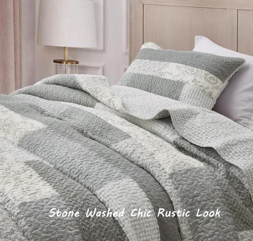 Vista 7 de Chezmoi Collection Caleb - Juego de edredón de 2 piezas con diseño floral a cuadros en gris apagado, blanco y marfil, rectangular, prelavado