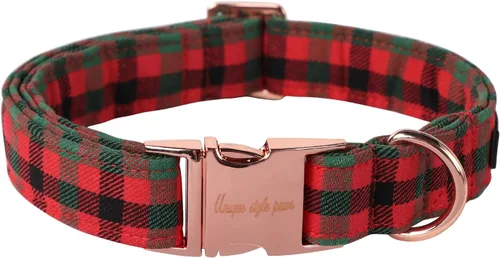 Vista 7 de Collar de perro de Navidad de Unique Style Paws con hebilla de plástico y colgante, a cuadros rojo y negro, collares de algodón para cachorros