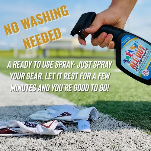 Vista 6 de All-Out Sports Spray eliminador de olores y desodorante Perfecto para guantes malolientes, sombreros, bolsos, cascos, camisetas, almohadillas