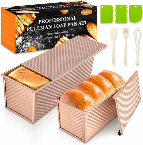 Vista 12 de Paquete de 2 moldes para pan con tapas – Capacidad de masa de 2.2 libras y 1 libra, moldes para pan de acero al carbono antiadherentes para pan