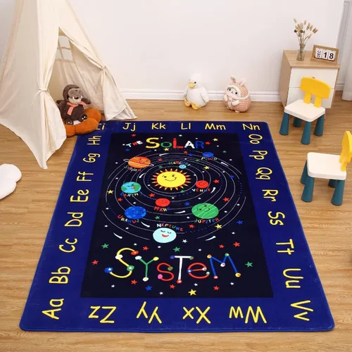 Vista 9 de GlowSol Alfombra redonda para niños de 4 4 pies ABC con diseño de estrellas del alfabeto, alfombra para guardería, espacio exterior, galaxia