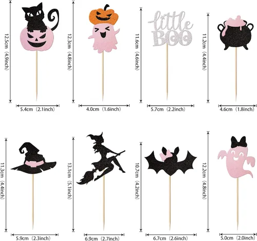 Vista 2 de Paquete de 24 adornos para cupcakes de Halloween con purpurina rosa, fantasma, pequeño abucheo, murciélago, bruja, gato, calabaza, magdalena