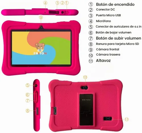 Vista 7 de PRITOM tableta para niños de 7 pulgadas Quad Core Android 13, 32 GB ROM WiFi, Bluetooth, cámara dual Educativo, juegos, control parental, Rosa