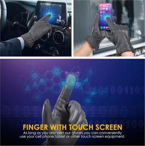 Vista 3 de Dsane Guantes de cuero de oveja genuina de invierno para hombres, guantes de motocicleta de conducción con forro de cachemira para pantalla táctil
