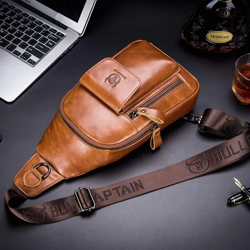 Vista 7 de BULLCAPTAIN Bolso cruzado de cuero para hombre, bolso bandolera de hombro, bolsas casuales para el pecho, para viajes, senderismo, mochilas