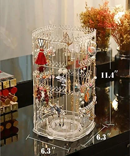 Vista 4 de Sooyee Soporte giratorio para aretes y organizador de joyas, 4 niveles, soporte clásico, 156 agujeros y 160 ranuras para collares, aretes