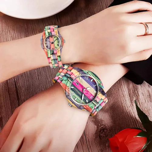 Vista 6 de Tiong Reloj de madera para mujer con correa de madera, cuarzo analógico, diseño clásico, colorido reloj de pulsera de bambú para damas, parejas..