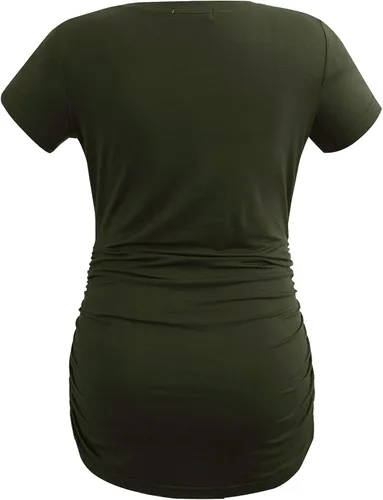 Vista 4 de Smallshow Ropa de maternidad con cuello en V para mujer, camiseta de embarazo fruncida lateral