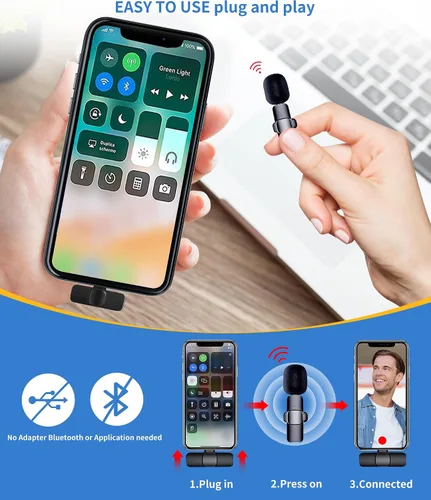 Vista 5 de Juego de 2 micrófonos inalámbricos de solapa Lavalier para iPhone, iPad, micrófono de grabación de condensador omnidireccional inalámbrico