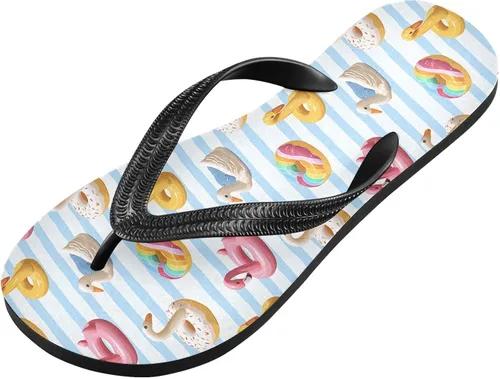 Vista 2 de ALAZA Flamingo Swan Circlen - Sandalias de rayas azules para mujer, cómodas sandalias de playa para hombre, sandalias de ducha de goma
