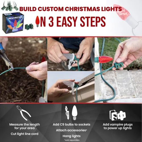 Vista 5 de Pro Christmas - Kit de luces C9 para exteriores, blanco cálido, cable verde, 50 bombillas, 50 pies