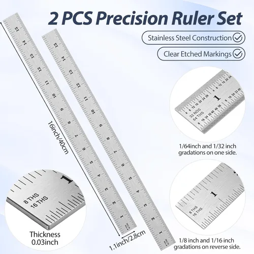Vista 2 de EBOOT 2 Pcs Stainless Steel Ruler Machinist Engineer Ruler with Markings 1/8, 1/16, 1/32, 1/64 Inch for Engineering, School, Office, Architect, and