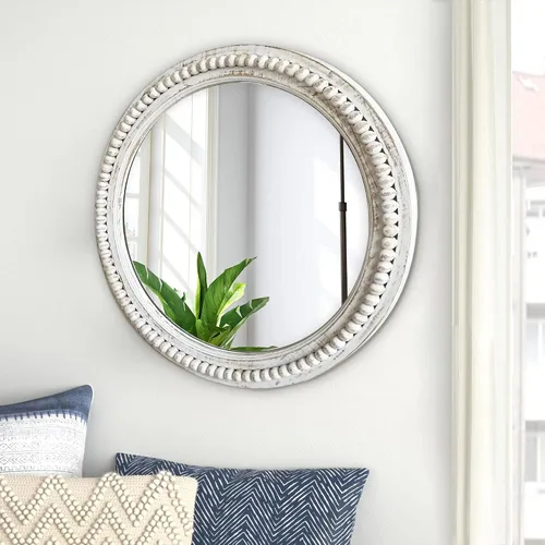 Vista 6 de dwellington Espejo redondo rústico de pared de 61 cm con círculo de madera y cuentas, espejo decorativo de granja para sala de estar, dormitorio