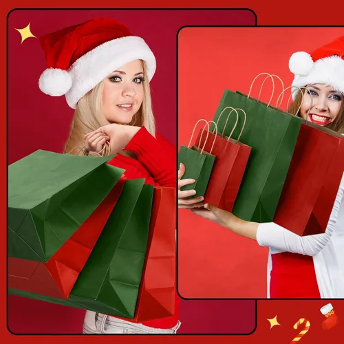 Vista 6 de Tenceur 100 bolsas de regalo de Navidad rojas y verdes, bolsas de papel kraft con asas, regalo de vacaciones para boda, baby shower, despedida