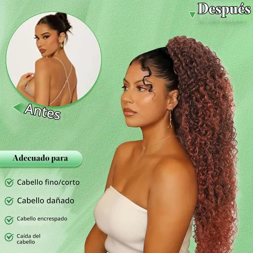 Vista 5 de Youthfee Cola de caballo con cordón de 27 pulgadas, rizado profundo, resistente al calor, clip instantáneo sintético, extensión de cola de caballo