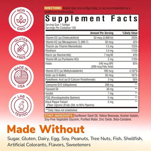 Vista 3 de Vitalibre CoQ10 200 mg, ubiquinona con PQQ, folato, niacina, K2, D3, pimienta negra, potente antioxidante, potenciador de energía, 120 cápsulas