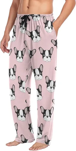 Vista 5 de Pantalones de pijama de Bulldog francés para hombre, pantalones de descanso ligeros para hombre, pantalones de pijama con bolsillos con cordón