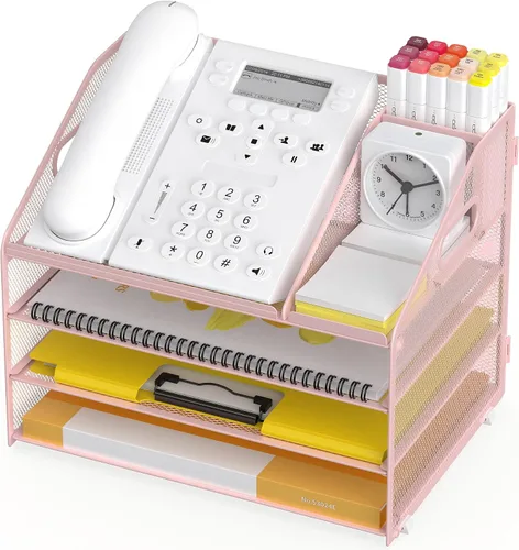 Vista 9 de Bandeja de papel para cartas, organizador de escritorio de 4 niveles con soporte para bolígrafo y asa, organizador de archivos de malla