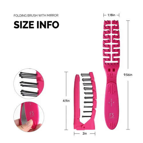 Vista 7 de Cepillo de pelo plegable compacto con espejo, peine desenredante para adultos y niños, portátil para viajes y almacenamiento, cabello húmedo y seco