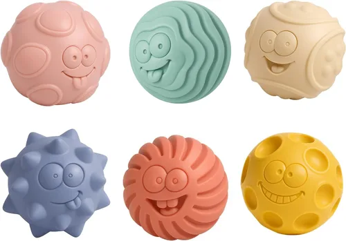 Vista 19 de Pelotas sensoriales, juguetes Montessori con sonajero de bebé de 3 a 6 meses 6 Multiple Textured Stress Balls with Blue Rattle, Bright