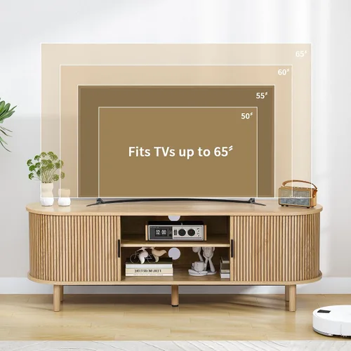 Vista 6 de Janmer Home Soporte de TV acanalado de 54 pulgadas con almacenamiento, consola de TV moderna de mediados de siglo con puertas correderas Tambour