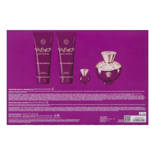 Vista 2 de Versace Dylan Purple para mujeres, juego de 4 piezas Incluye: 3.4 onzas Eau de Parfum Spray + 3.4 onzas Gel de Baño y Ducha Perfumado + 3.4 onzas